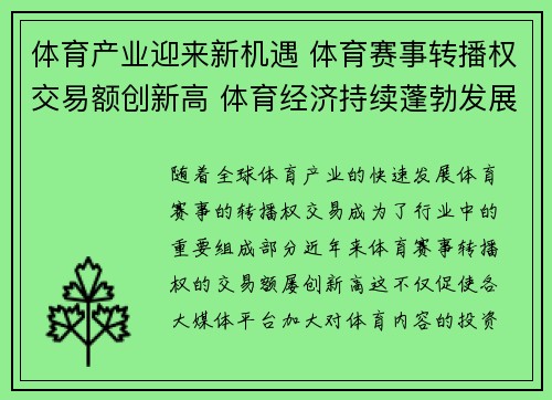 体育产业迎来新机遇 体育赛事转播权交易额创新高 体育经济持续蓬勃发展