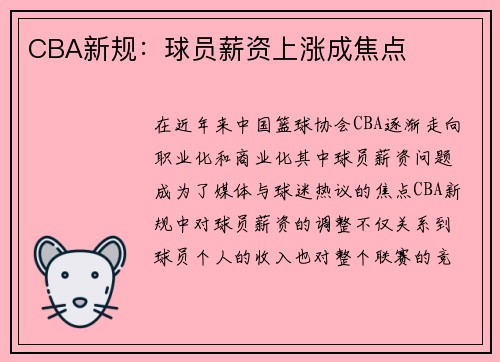 CBA新规：球员薪资上涨成焦点